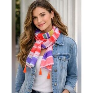 Juncture Orange Multi-Color Striped Scarf with Tassels 63" EUC